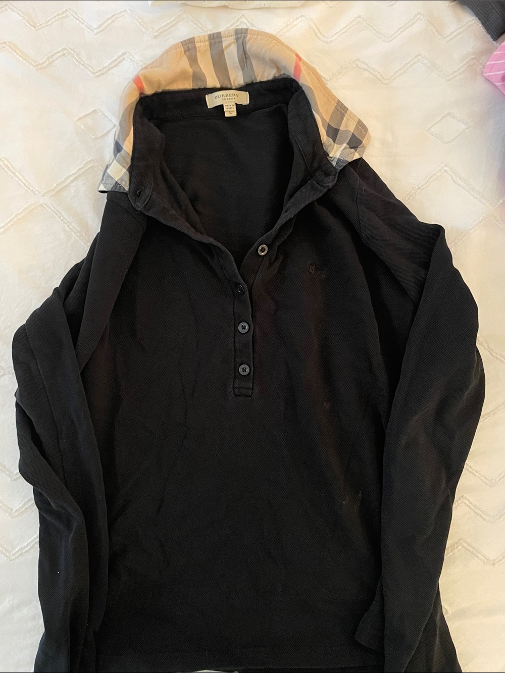 Burberry Black Long-Sleeve Polo with Signature Check Hood Lining